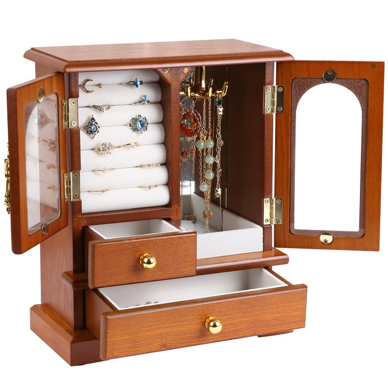 Kendal Wooden Jewelry Box for Women, Solid Jewelry Holder Organizer, Mothers Day Gifts, Wood Jewelry Case with Mirror for Necklaces, Earring, Rings (2 Side Door, Brown) - Image 1
